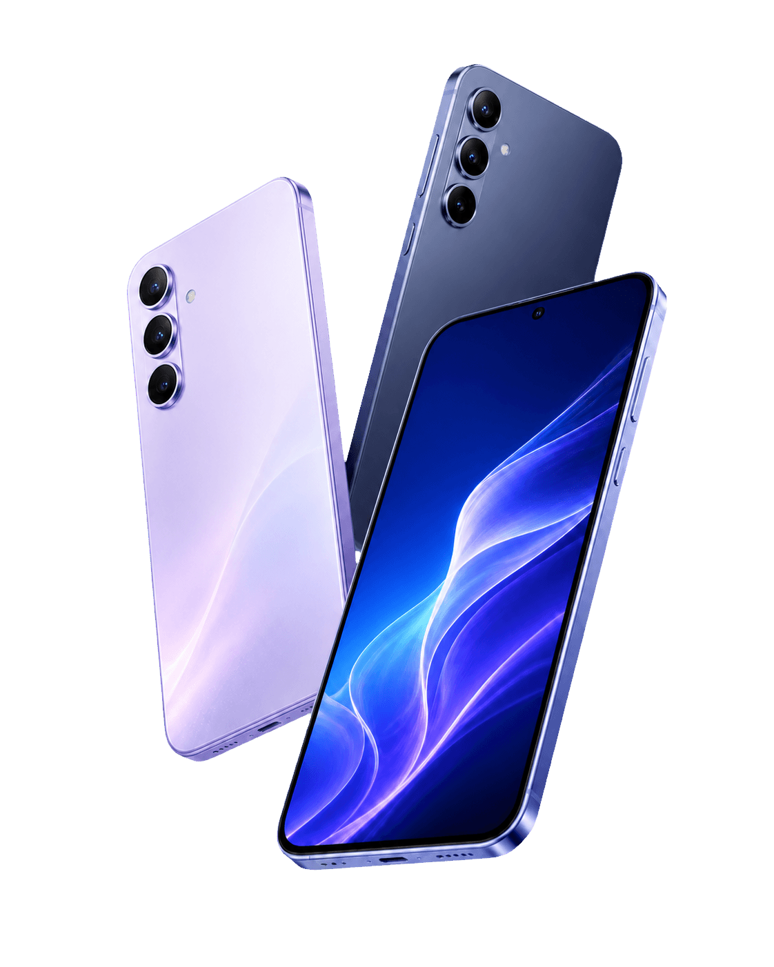 Três smartphones em acabamento azul e lilás