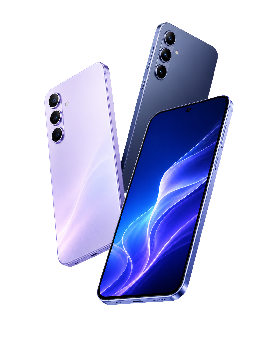 Três smartphones em acabamento azul e lilás