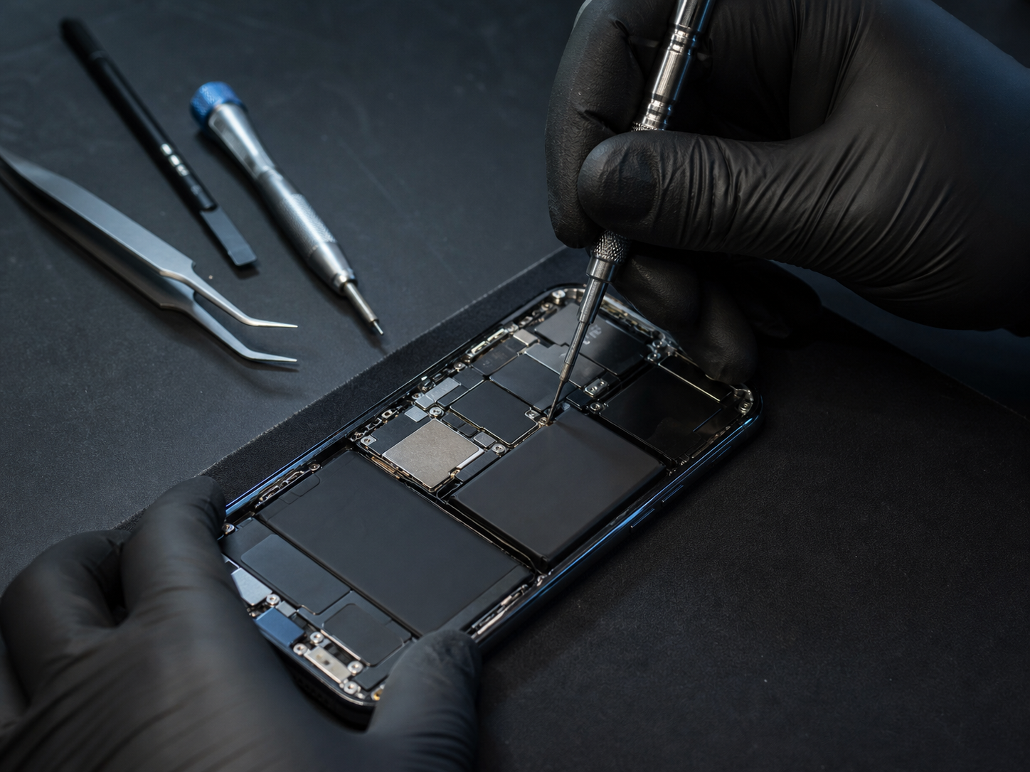 Técnico consertando um celular aberto em uma bancada de precisão
